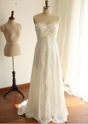 Strapless Lace Chiffon Full Length Wedding Dress